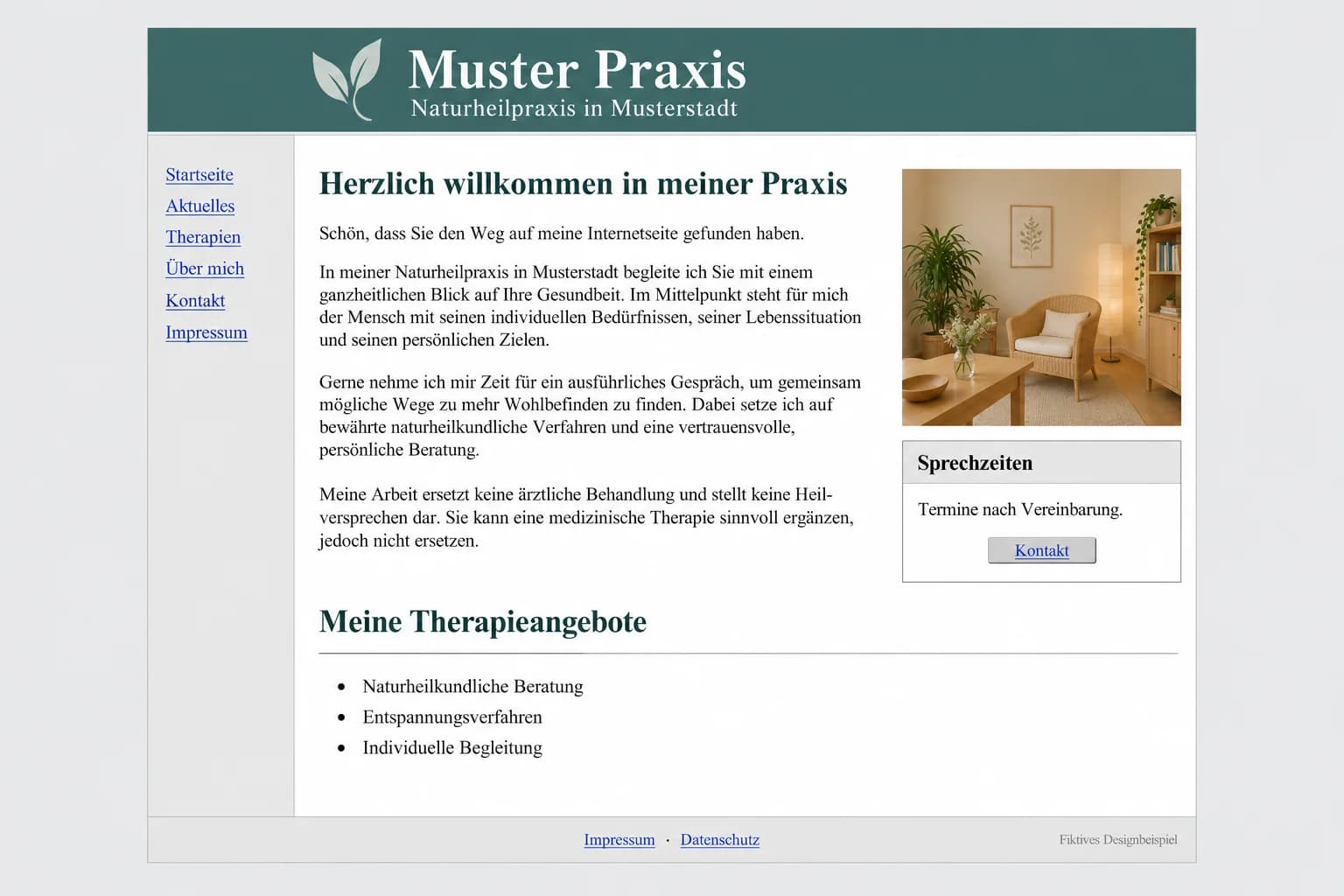 Veraltete Praxis-Website mit Seitenmenü und viel Fließtext (fiktives Beispiel)
