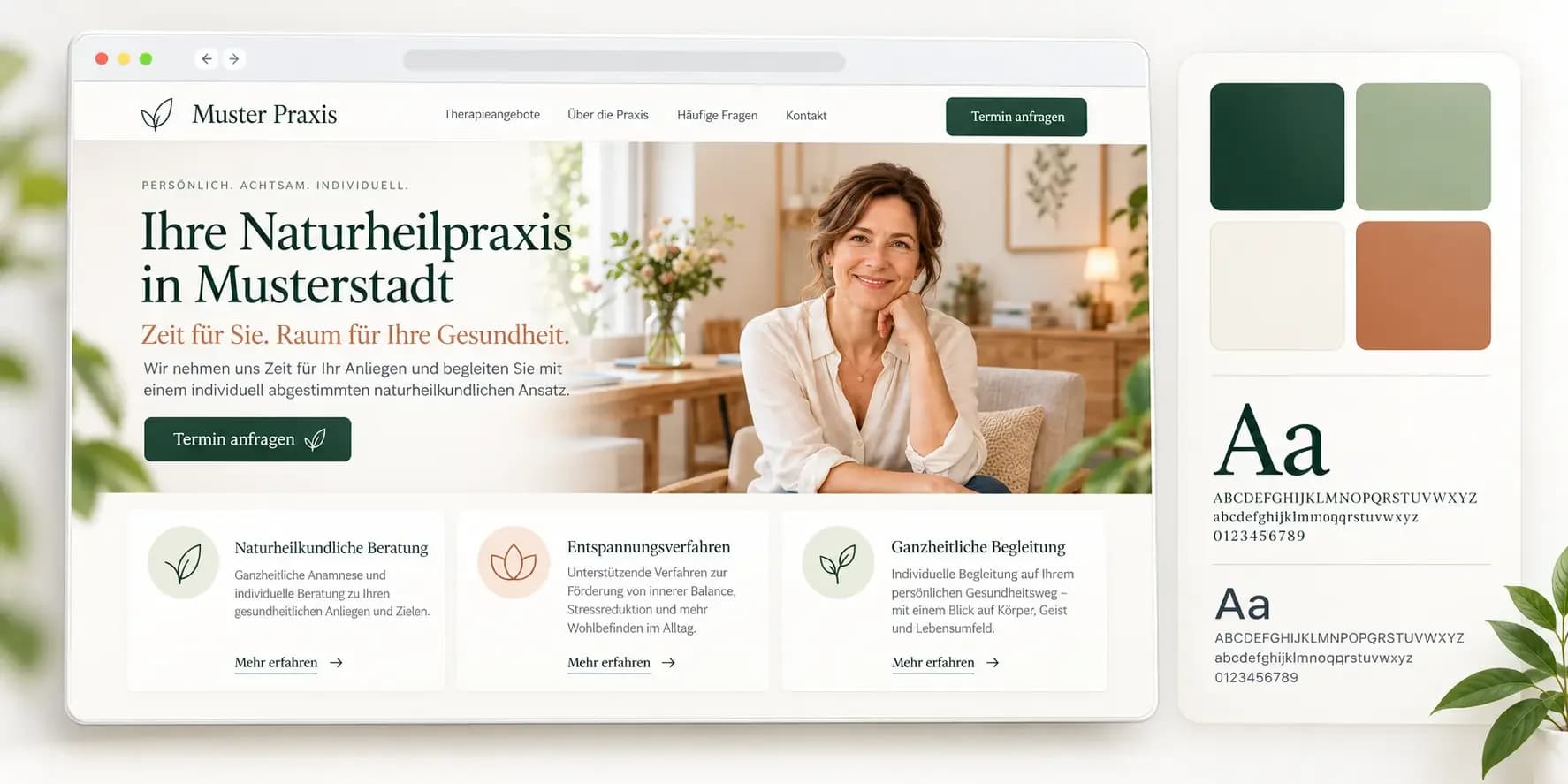 Beispiel einer Praxis-Website mit passender Farbpalette und Schriften (fiktives Designbeispiel)