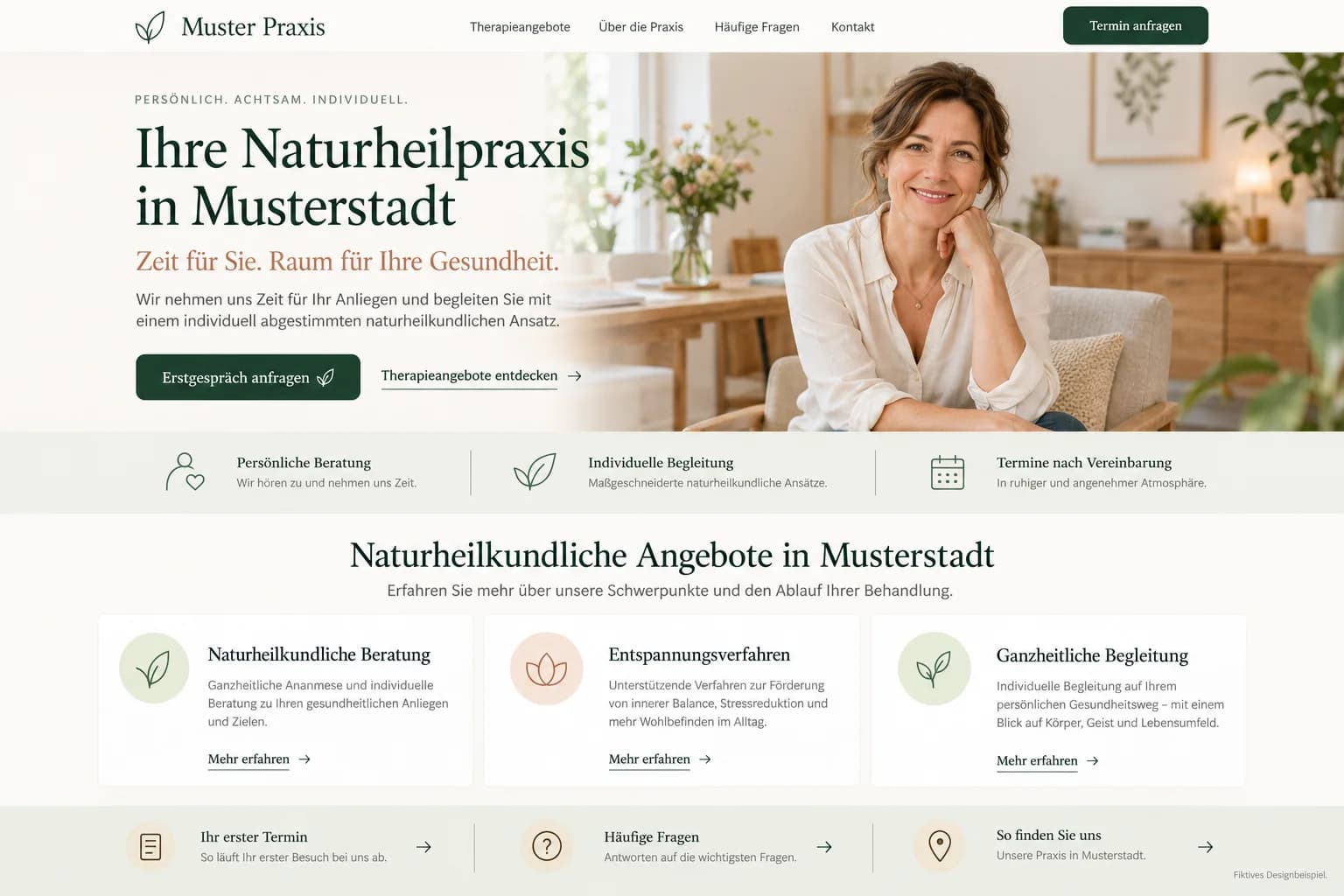 Moderne Praxis-Website mit großem Foto, klarem Aufbau und Terminbutton (fiktives Beispiel)