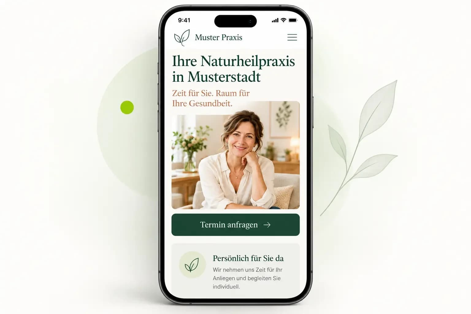 Beispiel einer Praxis-Website in der Handy-Ansicht (fiktives Designbeispiel)