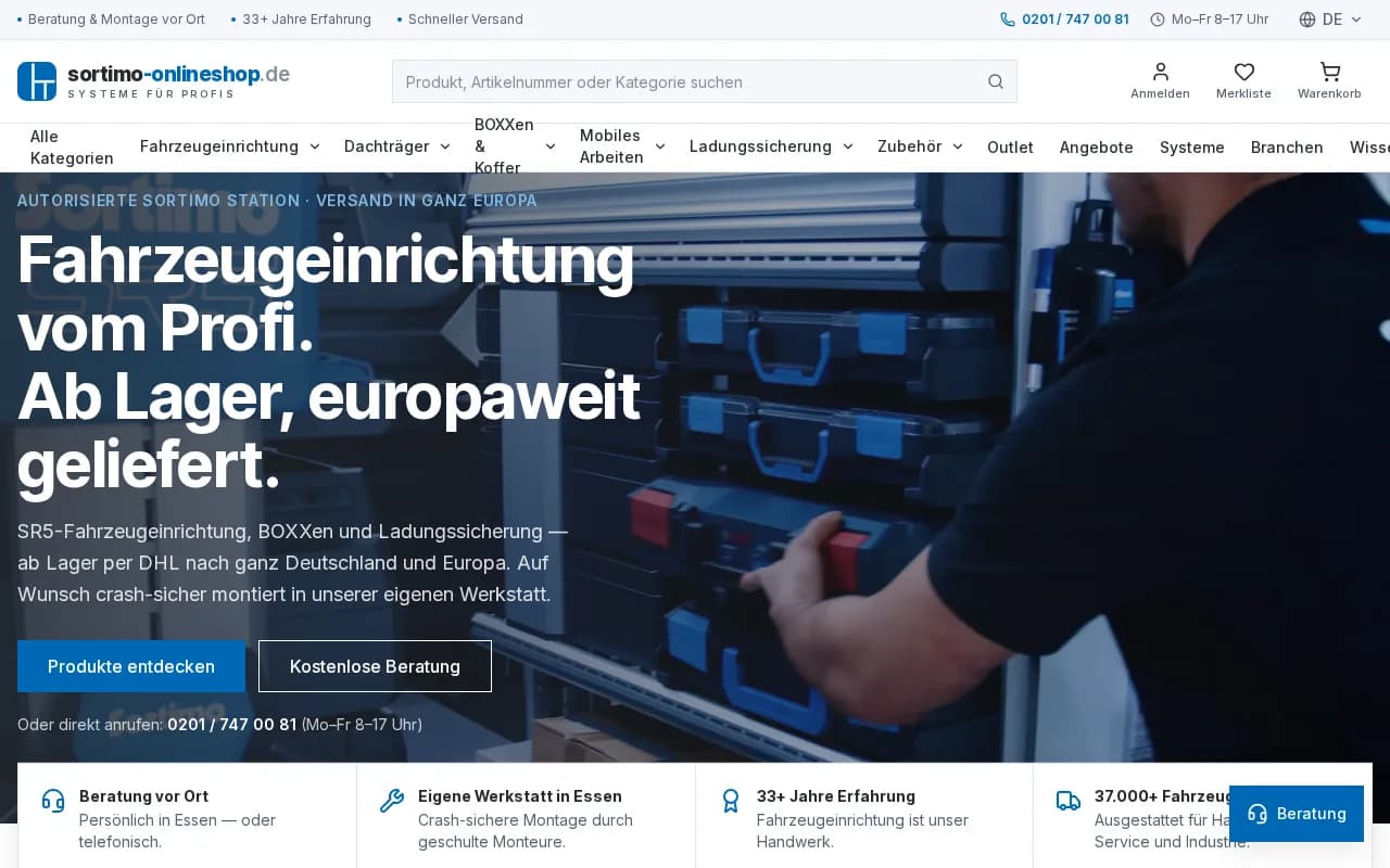 Startseite sortimo-onlineshop.de, Onlineshop für Fahrzeugeinrichtung