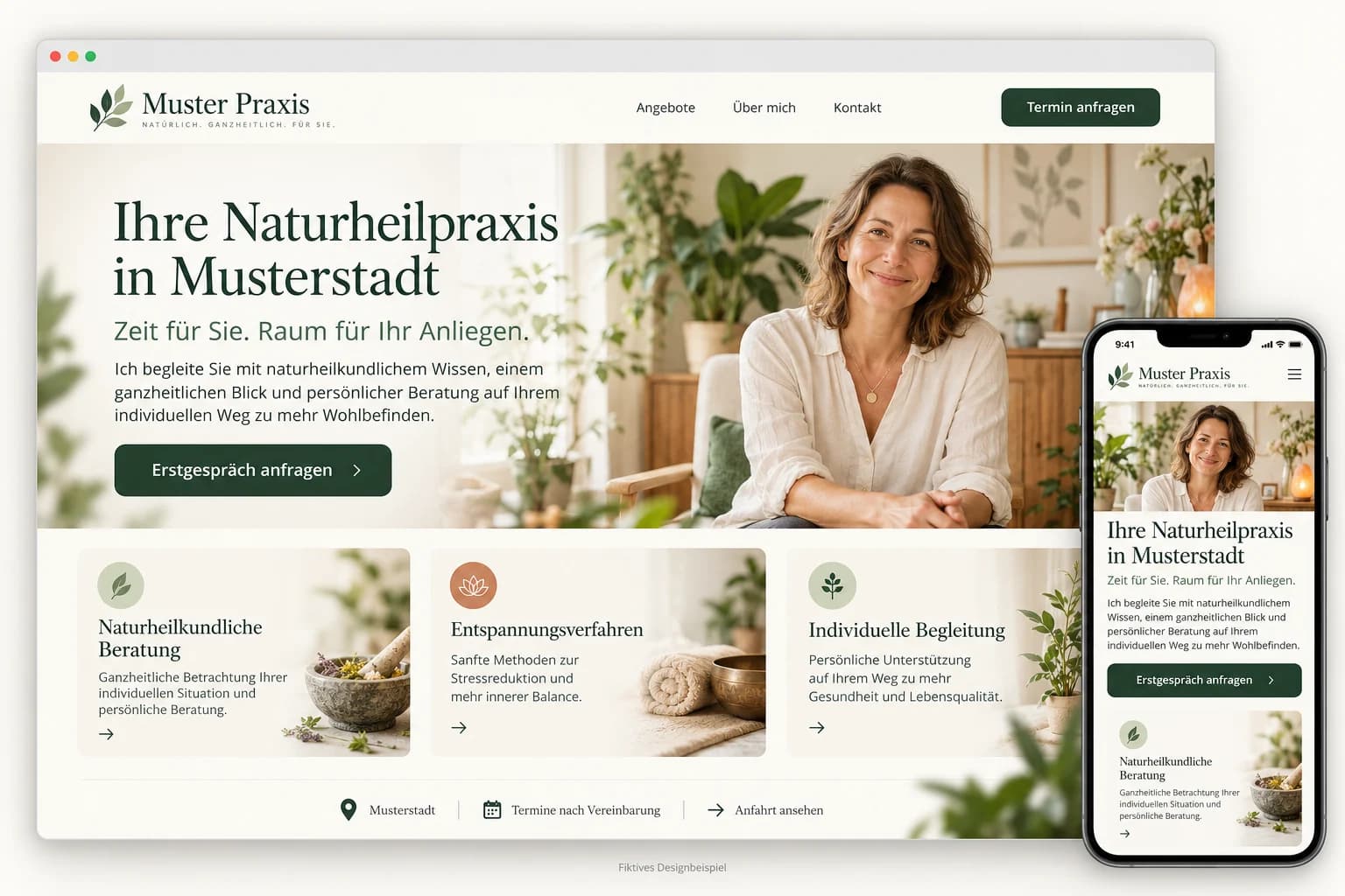Muster Praxis: Startseite als Desktop-Website mit Smartphone-Ansicht (fiktives Designbeispiel)
