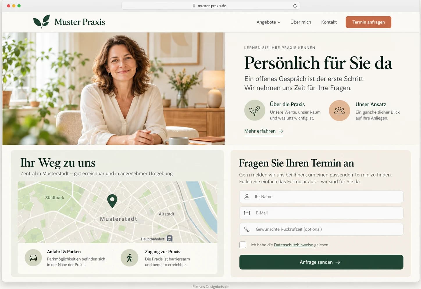 Muster Praxis: Seite mit Porträt der Therapeutin, Anfahrtskarte und Terminformular (fiktives Designbeispiel)