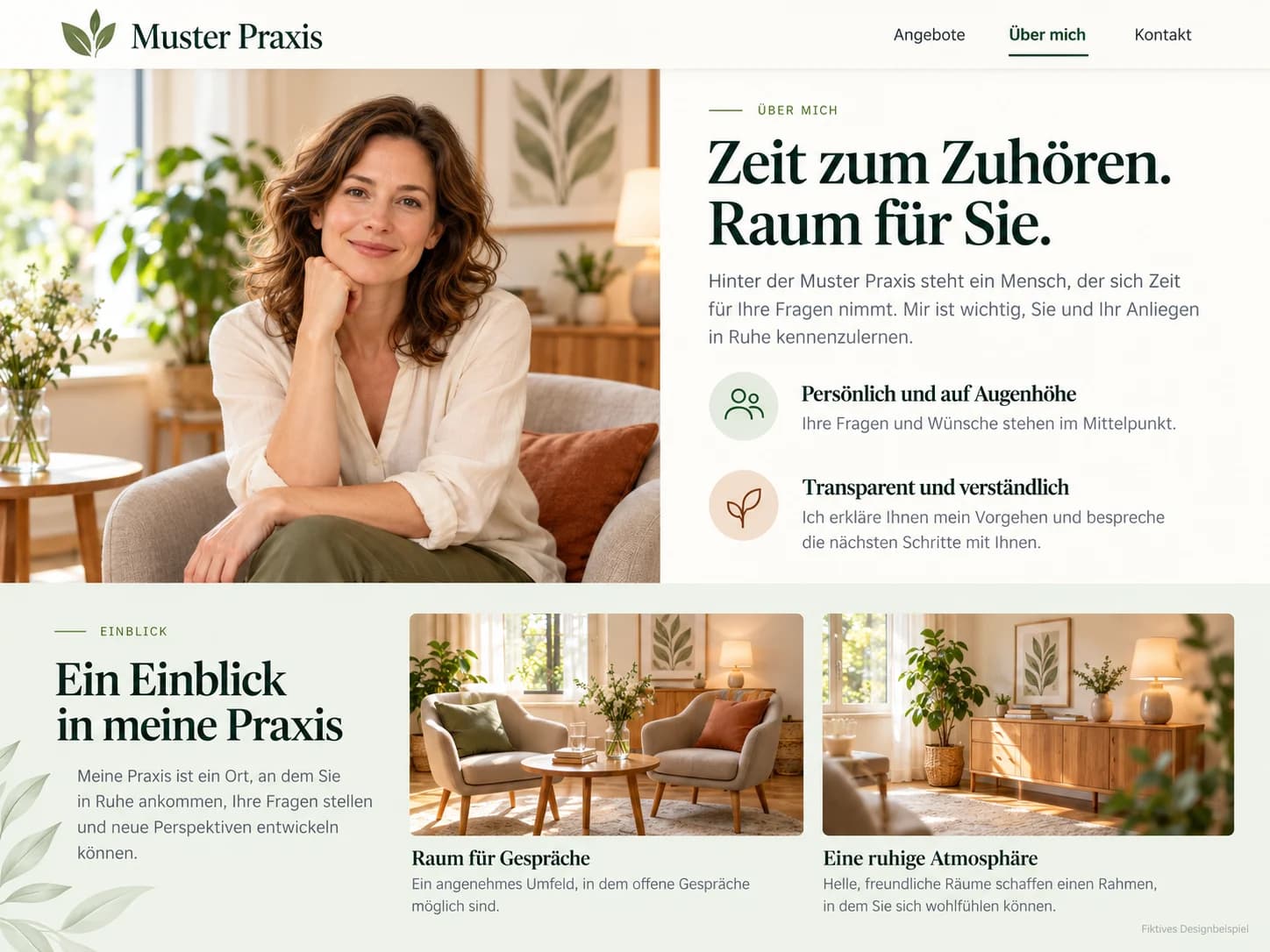 Muster Praxis: Über-mich-Seite mit Porträt der Therapeutin und Einblicken in die Praxisräume (fiktives Designbeispiel)